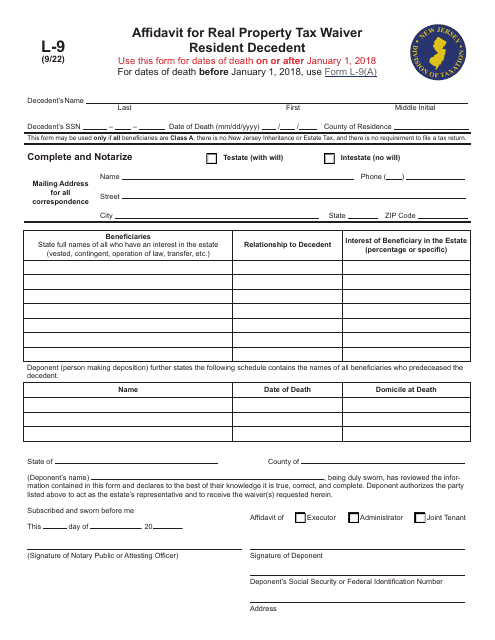 Form L-9 Affidavit for Real Property Tax Waiver - Resident Decedent - for Deaths on or After January 1, 2018 - New Jersey