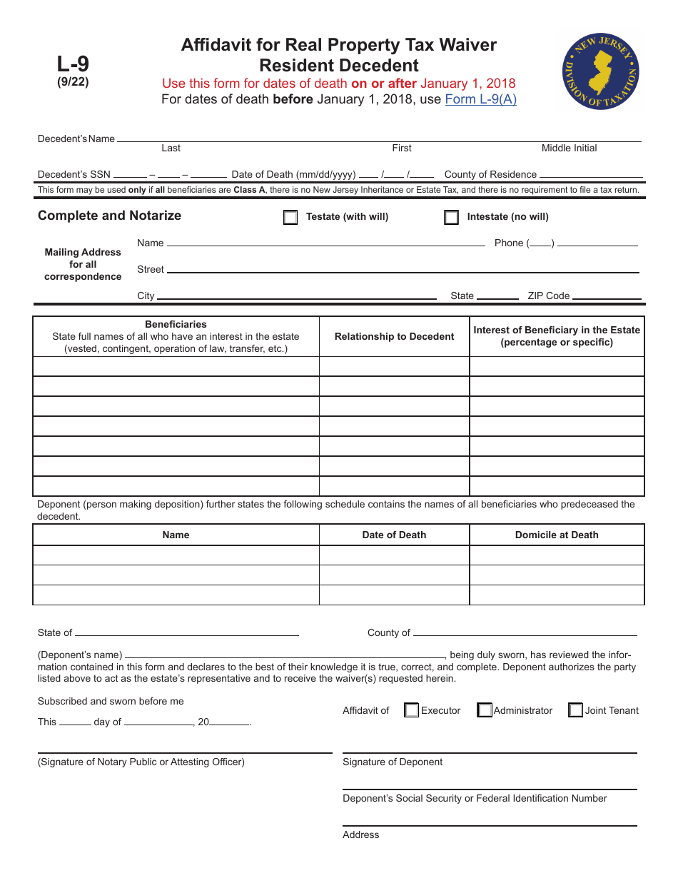Form L-9 Affidavit for Real Property Tax Waiver - Resident Decedent - for Deaths on or After January 1, 2018 - New Jersey, Page 1