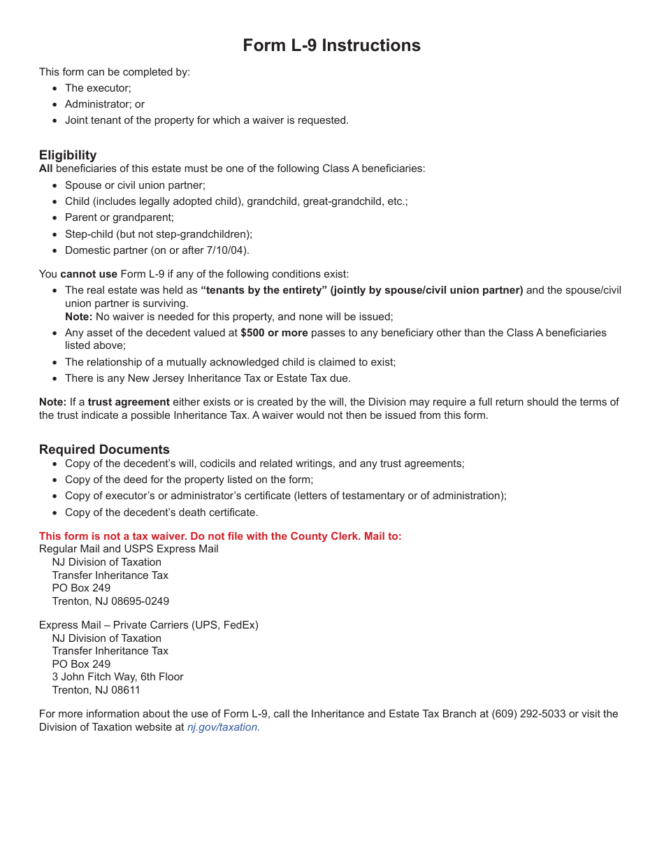 Form L-9 Affidavit for Real Property Tax Waiver - Resident Decedent - for Deaths on or After January 1, 2018 - New Jersey, Page 3
