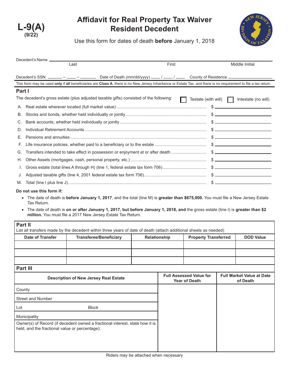 Form L-9(A) Affidavit for Real Property Tax Waiver - Resident Decedent - for Deaths Before January 1, 2018 - New Jersey, Page 1
