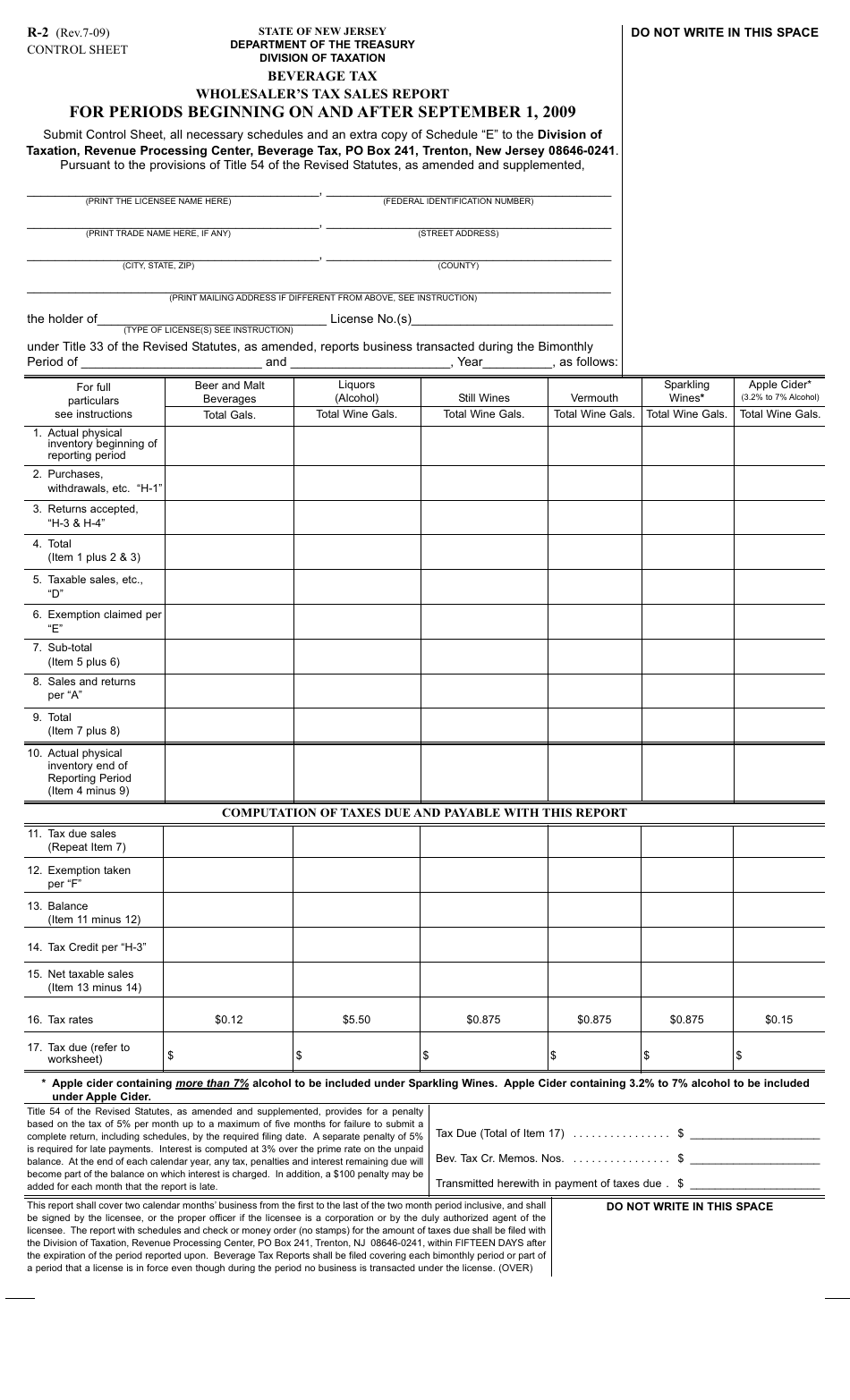 Form R-2 Wholesalers Tax Sales Report - New Jersey, Page 1