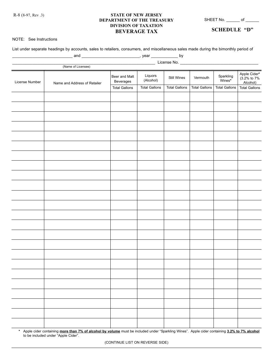 Form R-8 Schedule D Beverage Tax - New Jersey, Page 1