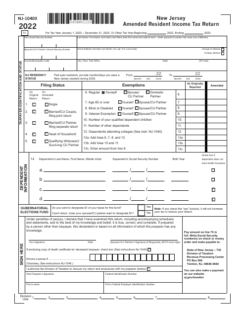 Form NJ-1040X New Jersey Amended Resident Income Tax Return - New Jersey, 2022