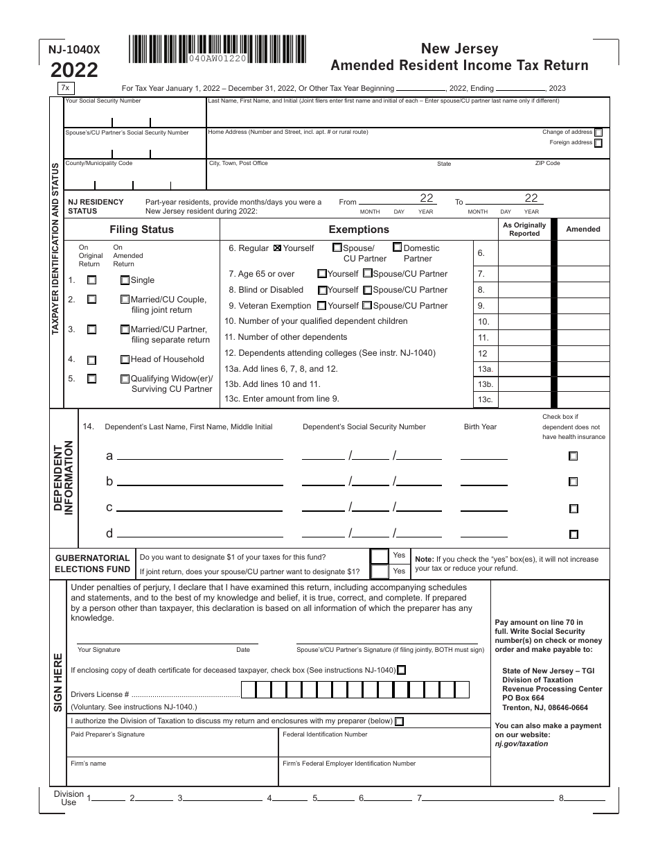 Form NJ1040X Download Fillable PDF or Fill Online New Jersey Amended