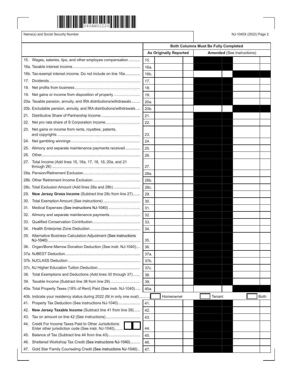 Form NJ-1040X - 2022 - Fill Out, Sign Online and Download Fillable PDF ...
