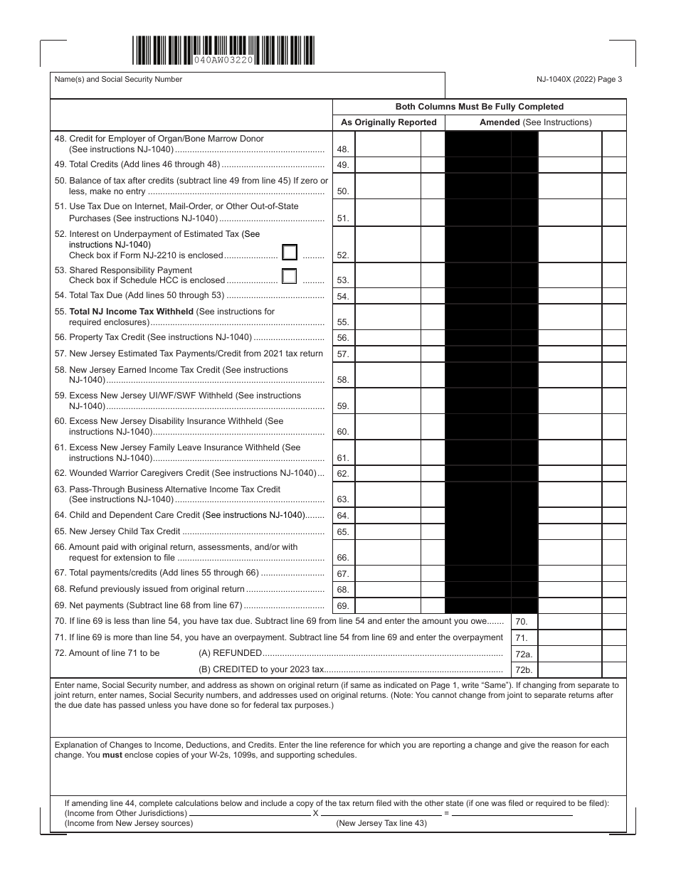 Form NJ-1040X New Jersey Amended Resident Income Tax Return - New Jersey, Page 3