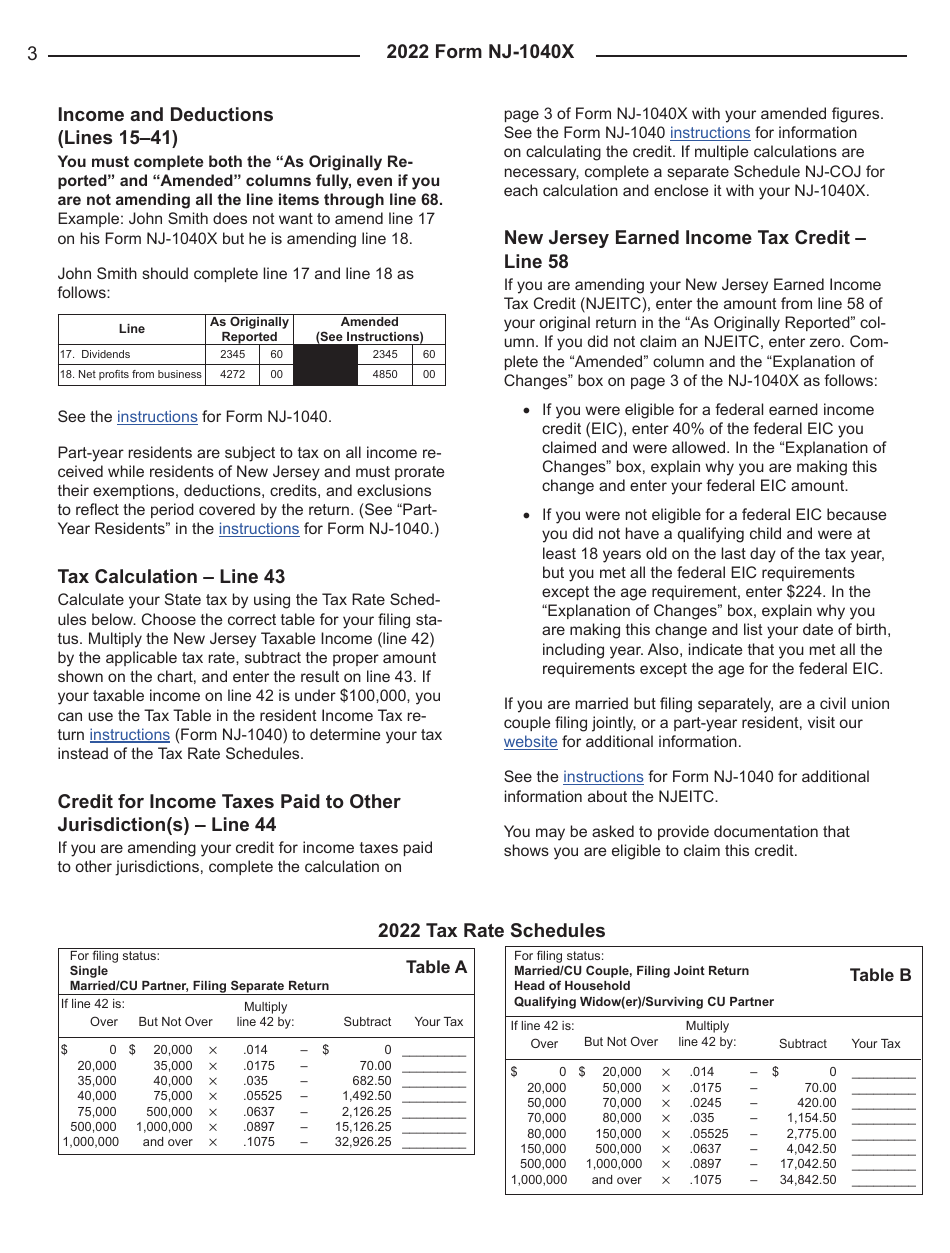 Download Instructions For Form NJ-1040X New Jersey Amended Resident ...