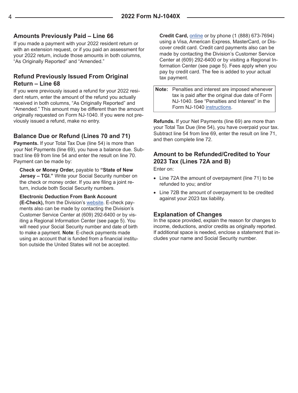 Instructions for Form NJ-1040X New Jersey Amended Resident Income Tax Return - New Jersey, Page 4