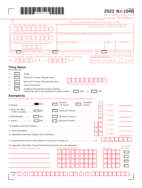 Form NJ-1040 New Jersey Resident Income Tax Return - New Jersey, 2022