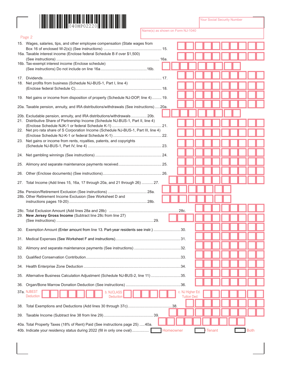 Form NJ-1040 New Jersey Resident Income Tax Return - New Jersey, Page 2