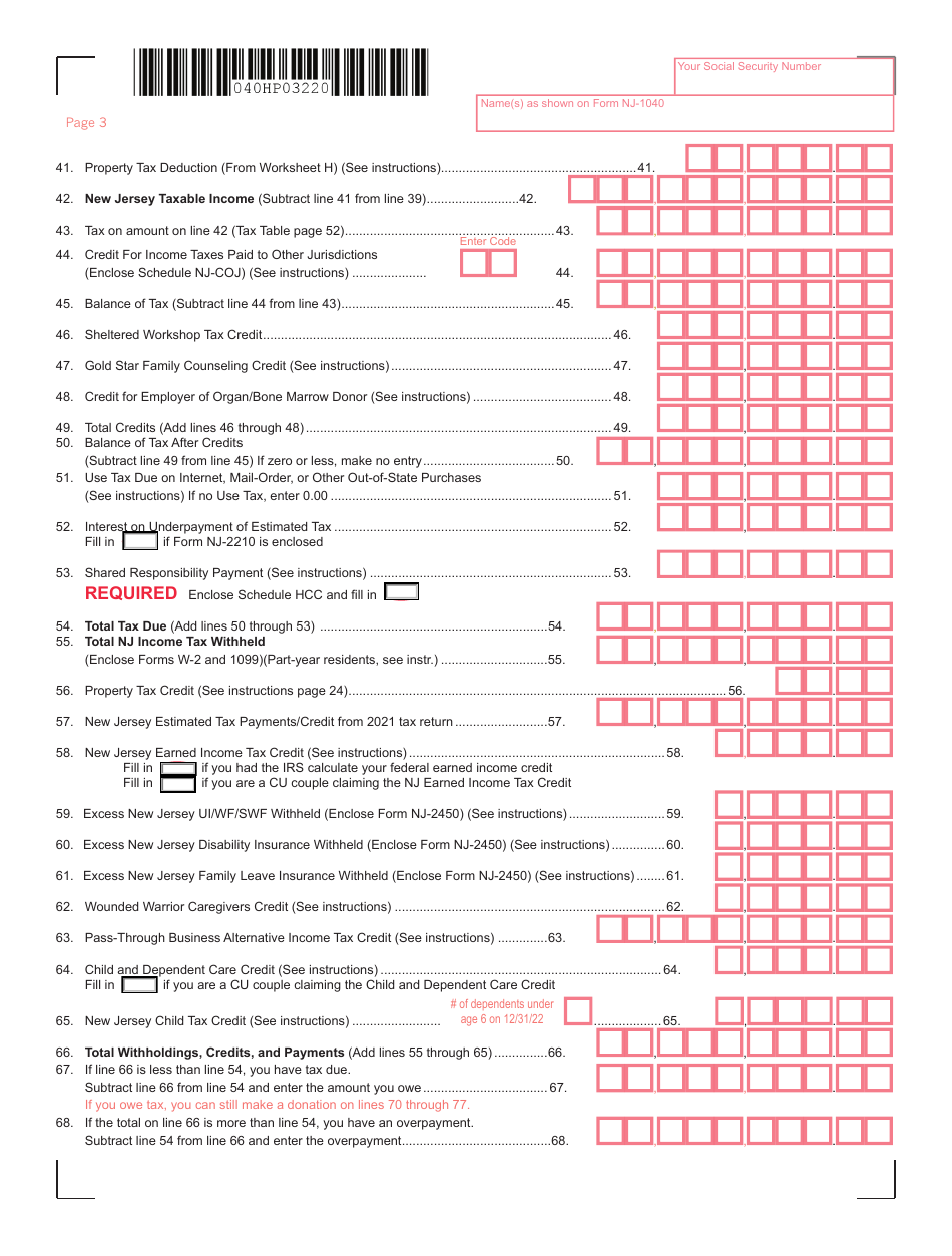 Form NJ-1040 Download Fillable PDF or Fill Online New Jersey Resident ...