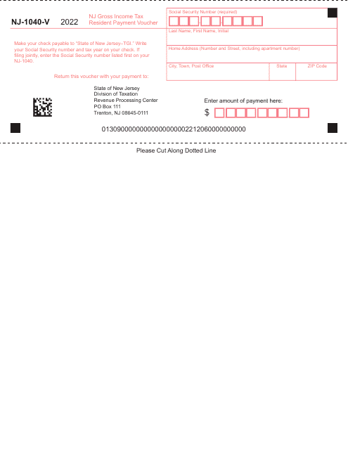 Form NJ-1040-V Resident Income Tax Return Payment Voucher - New Jersey, 2022