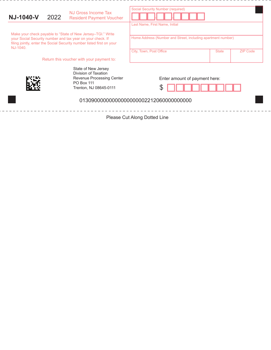 Form NJ-1040-V Resident Income Tax Return Payment Voucher - New Jersey, Page 1