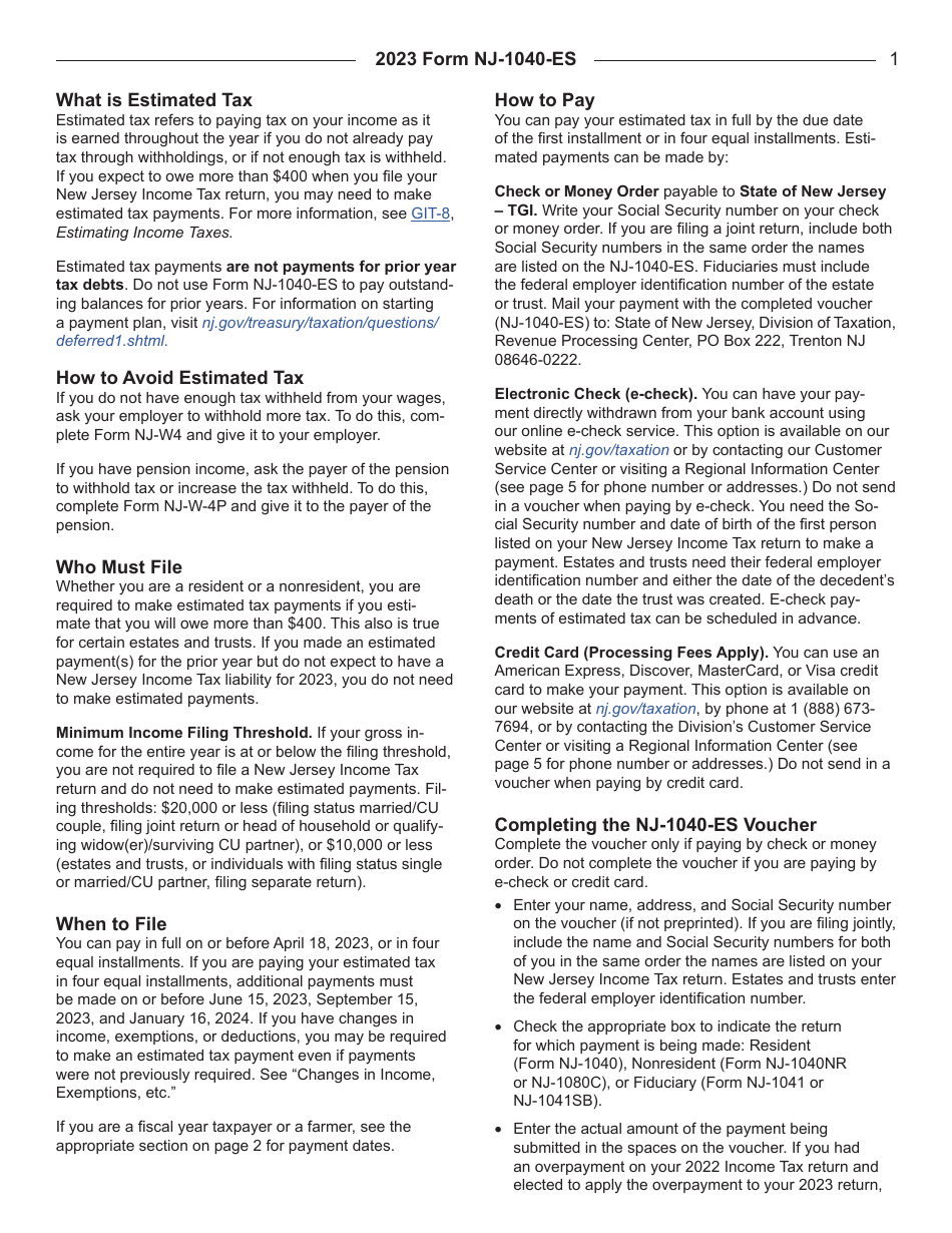 Download Instructions for Form NJ1040ES Nj Gross Tax