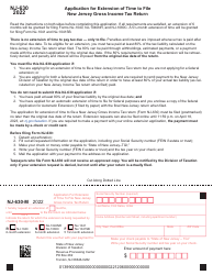 Document preview: Form NJ-630 Application for Extension of Time to File New Jersey Gross Income Tax Return - New Jersey, 2022