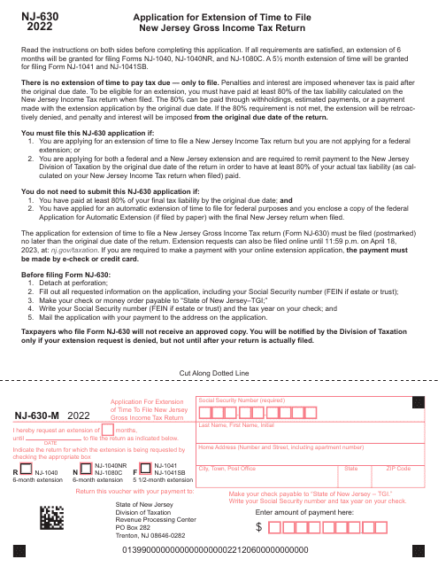 Form NJ-630 Application for Extension of Time to File New Jersey Gross Income Tax Return - New Jersey, 2022
