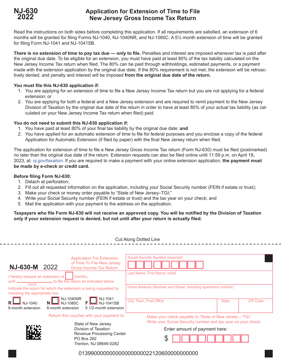 Form NJ-630 Application for Extension of Time to File New Jersey Gross Income Tax Return - New Jersey, Page 1