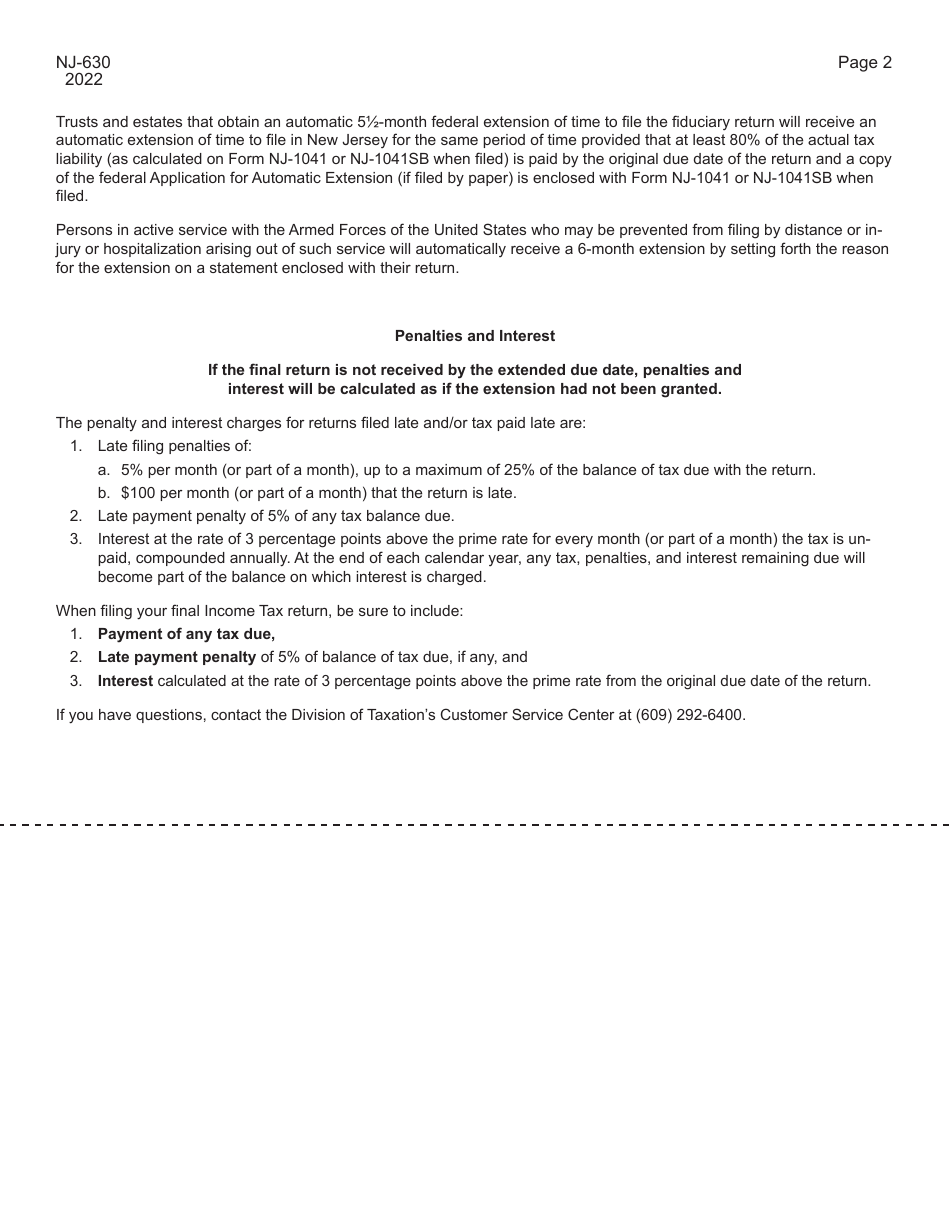 Form NJ-630 Application for Extension of Time to File New Jersey Gross Income Tax Return - New Jersey, Page 2