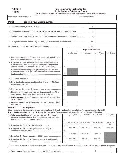 Form NJ-2210 Underpayment of Estimated Tax by Individuals, Estates, or Trusts - New Jersey, 2022