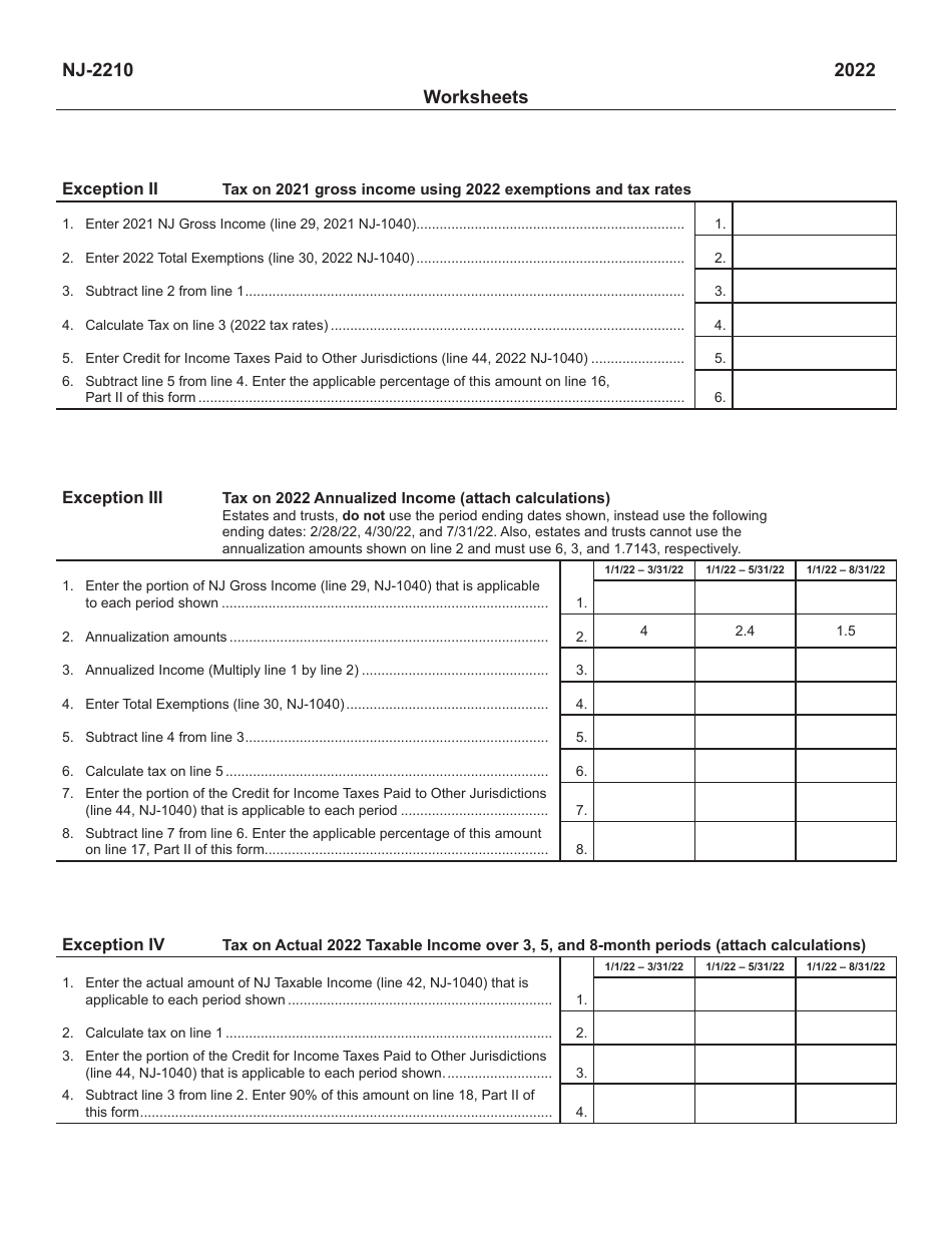 Form NJ-2210 Underpayment of Estimated Tax by Individuals, Estates, or Trusts - New Jersey, Page 2