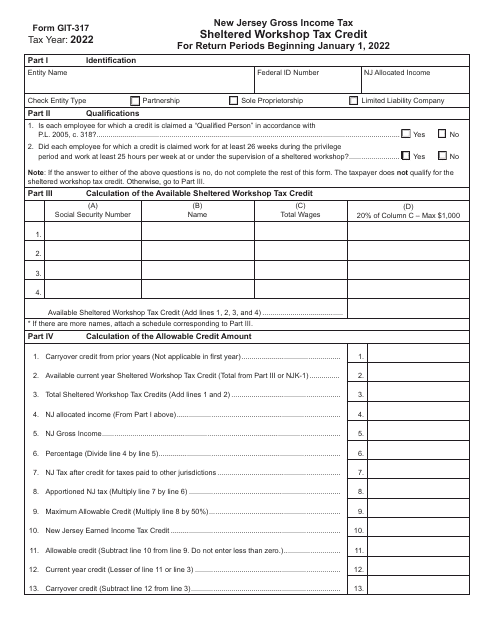 Form GIT-317 Sheltered Workshop Tax Credit - New Jersey, 2022