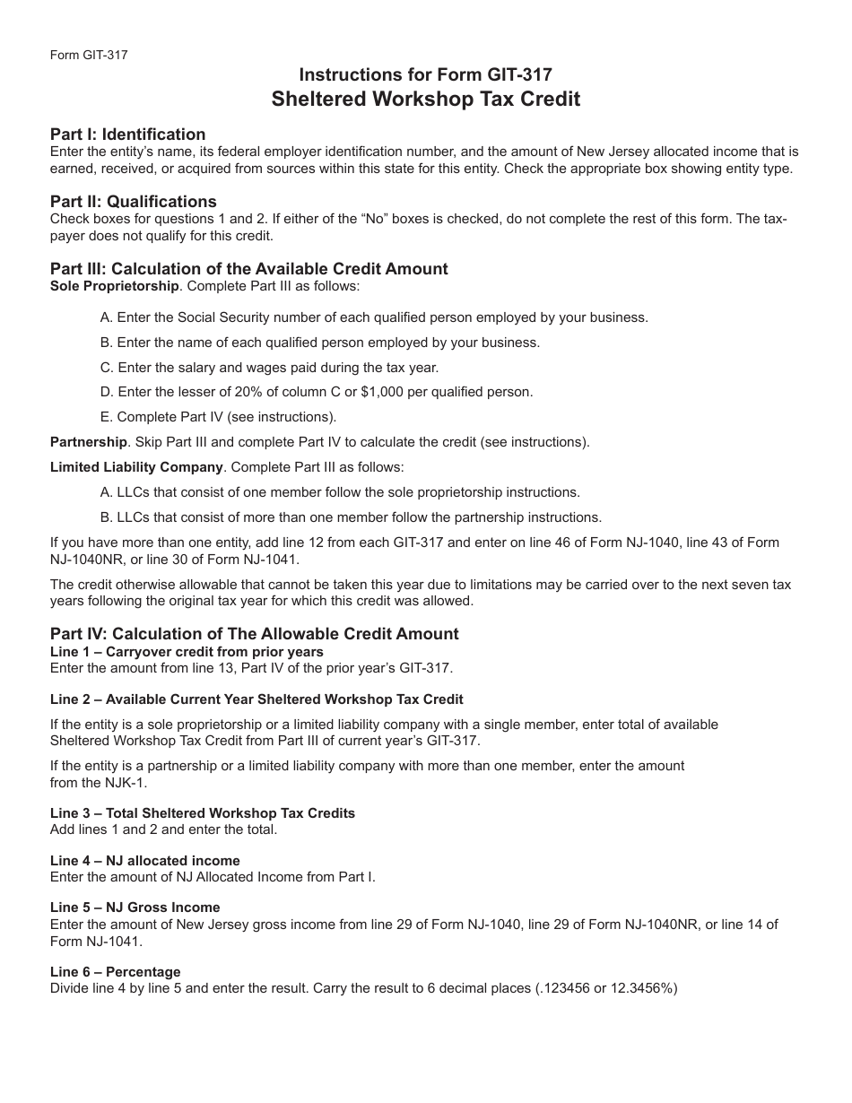 Form GIT-317 Sheltered Workshop Tax Credit - New Jersey, Page 3