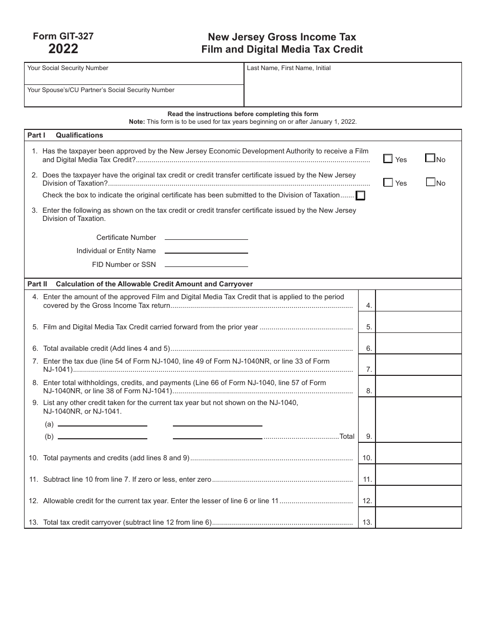Form GIT-327 Film and Digital Media Tax Credit - New Jersey, Page 1