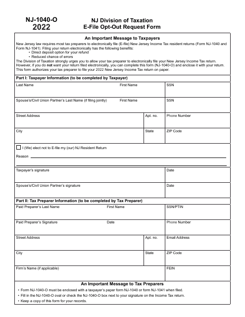Form NJ-1040-O E-File Opt-Out Request Form - New Jersey, 2022