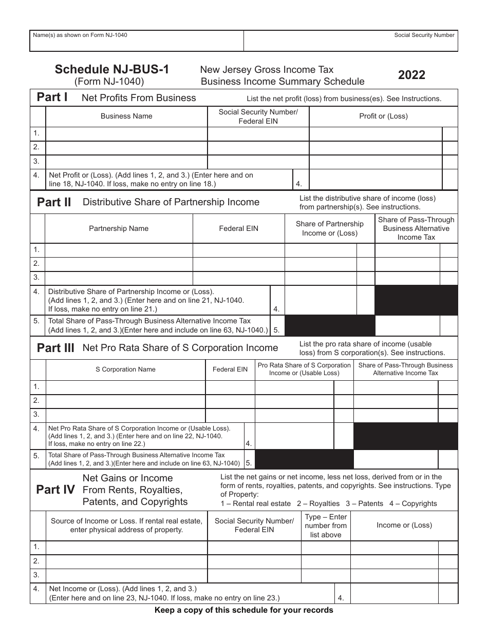 Form Nj 1040 Schedule Nj Bus 1 Download Fillable Pdf Or Fill Online New Jersey Gross Income Tax