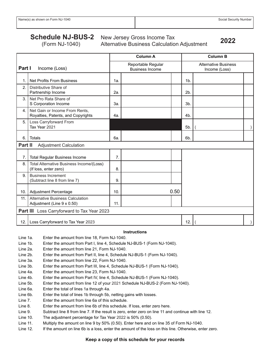 Form NJ-1040 Schedule NJ-BUS-2 New Jersey Gross Income Tax - Alternative Business Calculation Adjustment - New Jersey, Page 1
