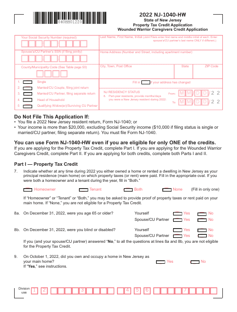 Form NJ-1040-HW 2022 Printable Pdf