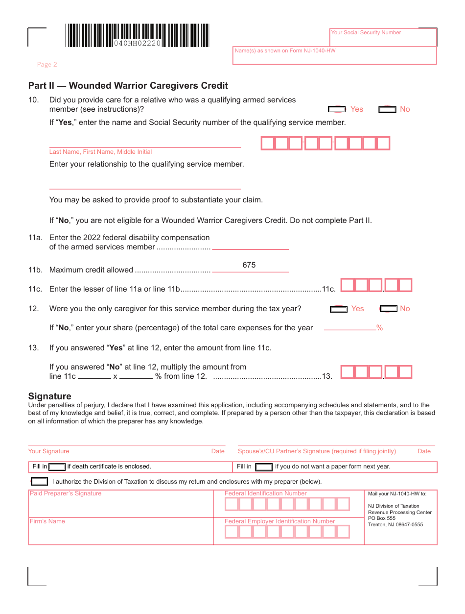 Form NJ1040HW Download Fillable PDF or Fill Online Property Tax