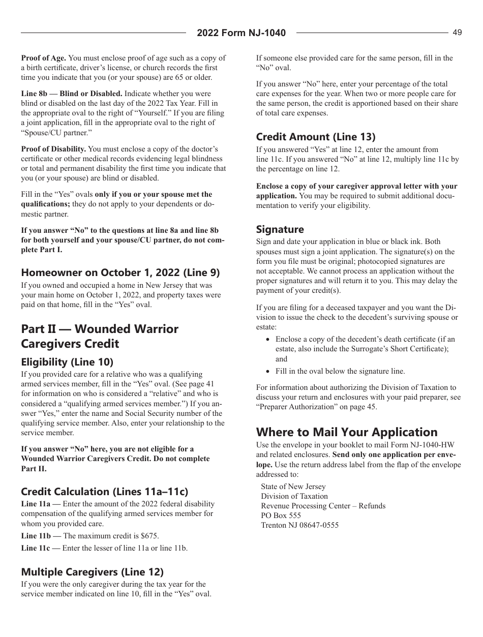 Instructions for Form NJ-1040-HW Property Tax Credit Application and Wounded Warrior Caregivers Credit Application - New Jersey, Page 2