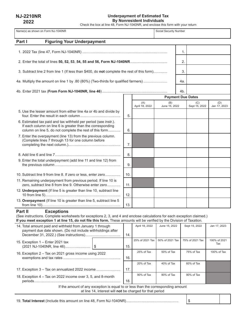 Form NJ2210NR Download Fillable PDF or Fill Online Underpayment of