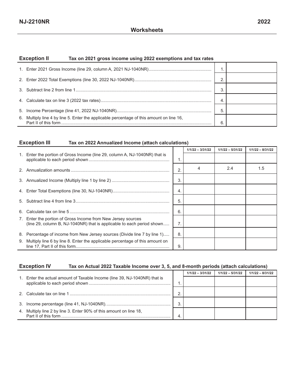 Form NJ-2210NR Underpayment of Estimated Tax by Nonresident Individuals - New Jersey, Page 2