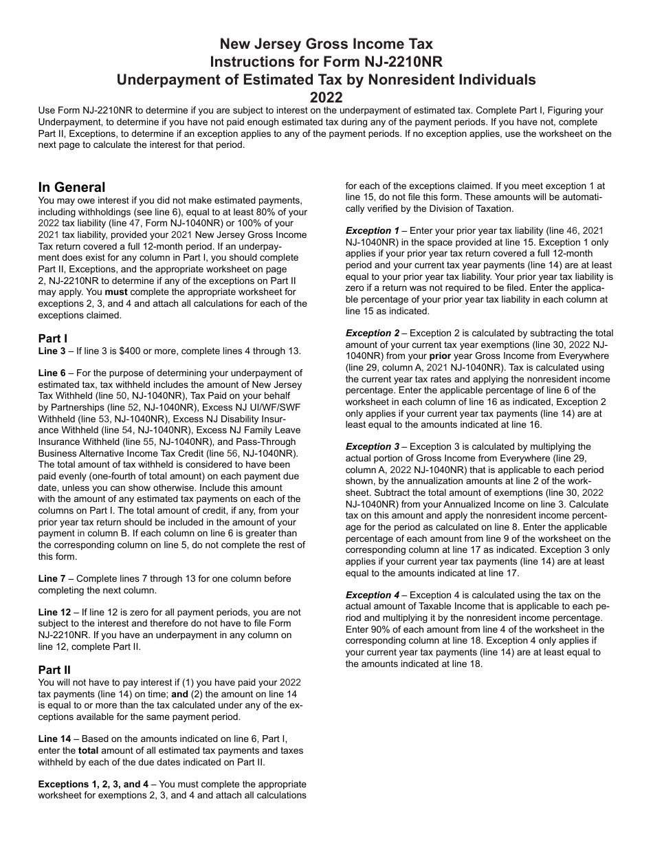 Form NJ-2210NR Underpayment of Estimated Tax by Nonresident Individuals - New Jersey, Page 3