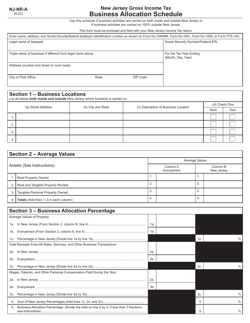 Form NJ-NR-A Business Allocation Schedule - New Jersey, Page 1