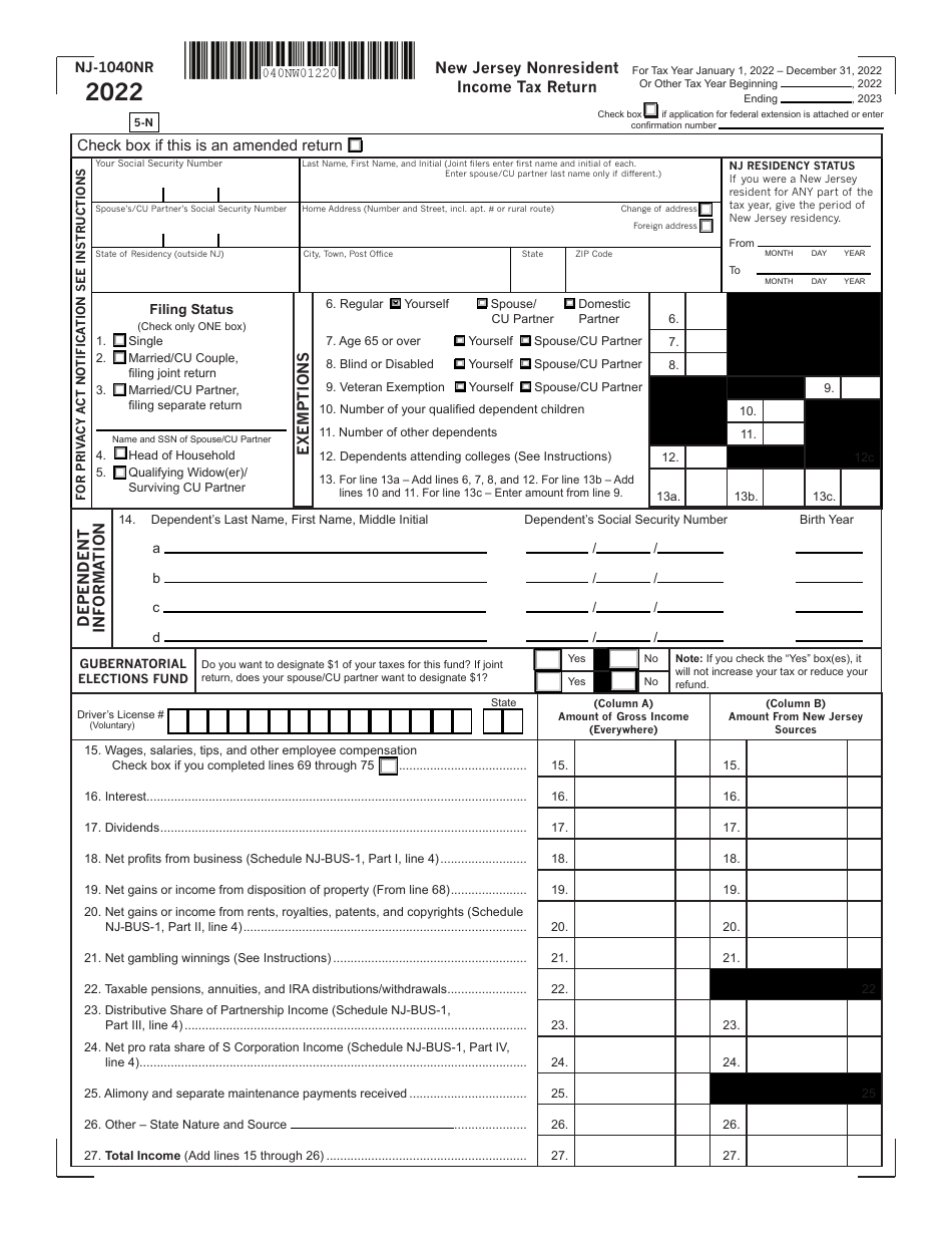 Form NJ1040NR Download Fillable PDF or Fill Online New Jersey