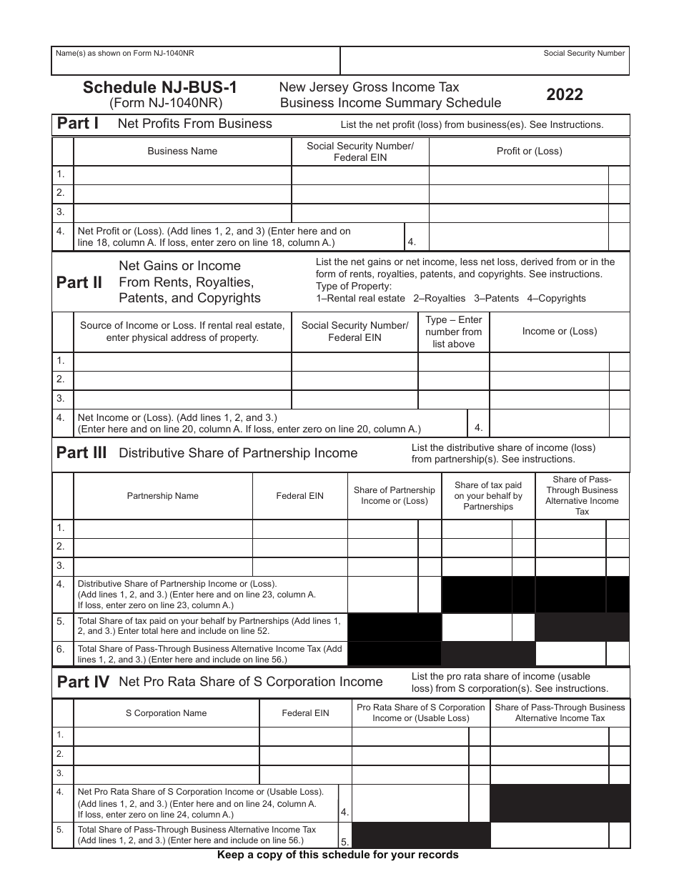 Form NJ-1040NR Schedule NJ-BUS-1 New Jersey Gross Income Tax - Business Income Summary Schedule - New Jersey, Page 1