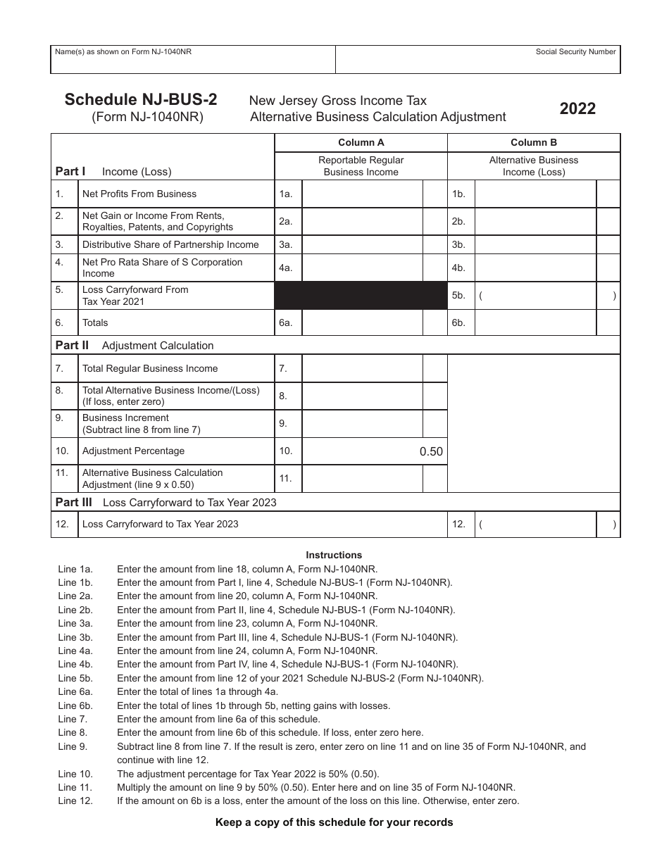 Form NJ-1040NR Schedule NJ-BUS-2 New Jersey Gross Income Tax - Alternative Business Calculation Adjustment - New Jersey, Page 1