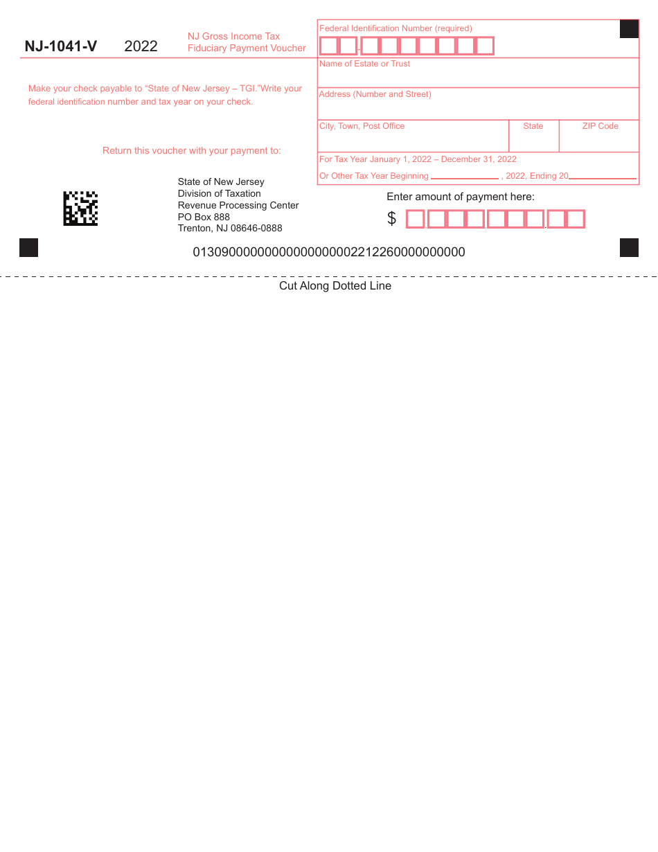 Form NJ-1041-V Nj Gross Income Tax Fiduciary Payment Voucher - New Jersey, Page 1