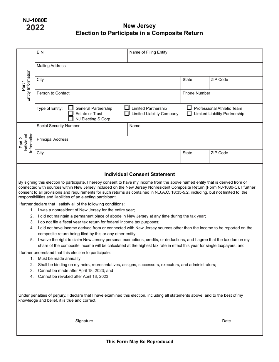 Form NJ-1080E New Jersey Election to Participate in a Composite Return - New Jersey, Page 1