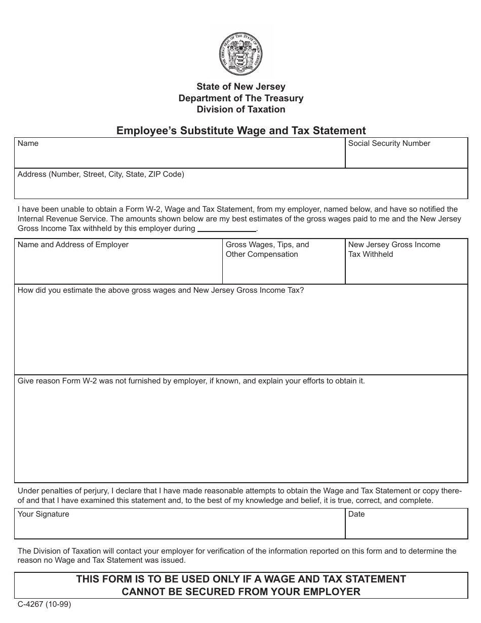 Form C-4267 Employees Substitute Wage and Tax Statement - New Jersey, Page 1