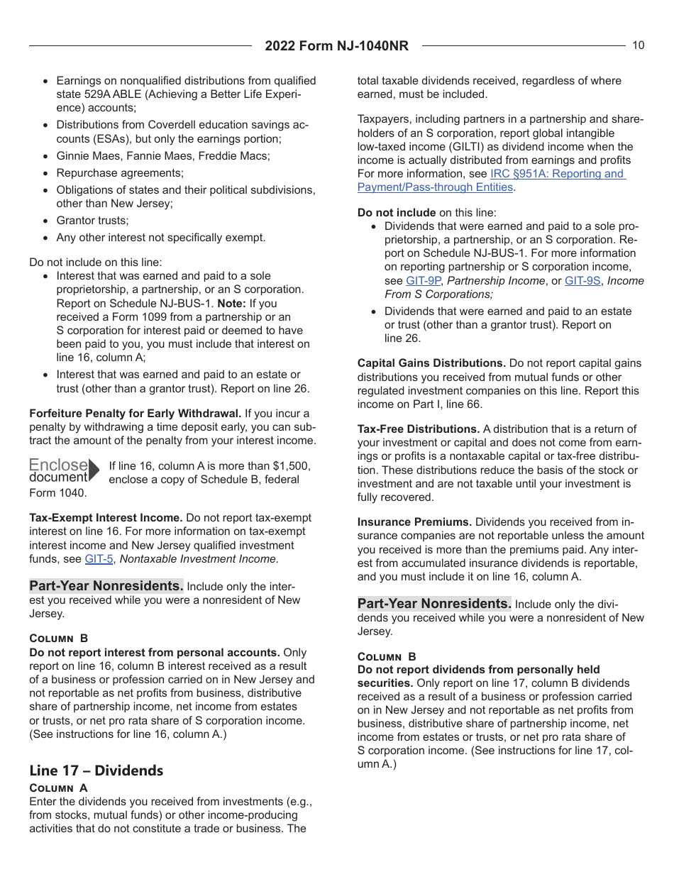Instructions for Form NJ-1040NR New Jersey Nonresident Income Tax Return - New Jersey, Page 10