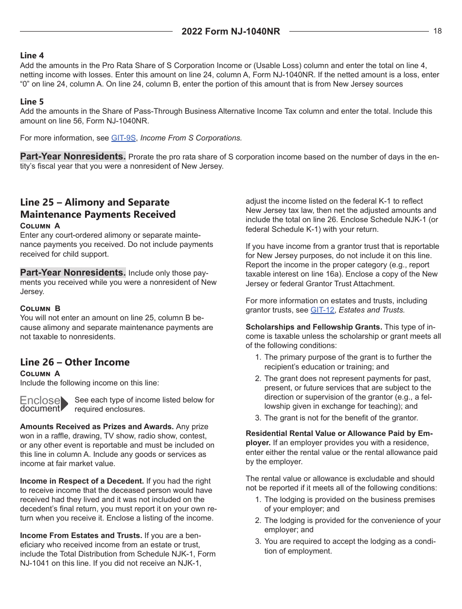 Instructions for Form NJ-1040NR New Jersey Nonresident Income Tax Return - New Jersey, Page 18