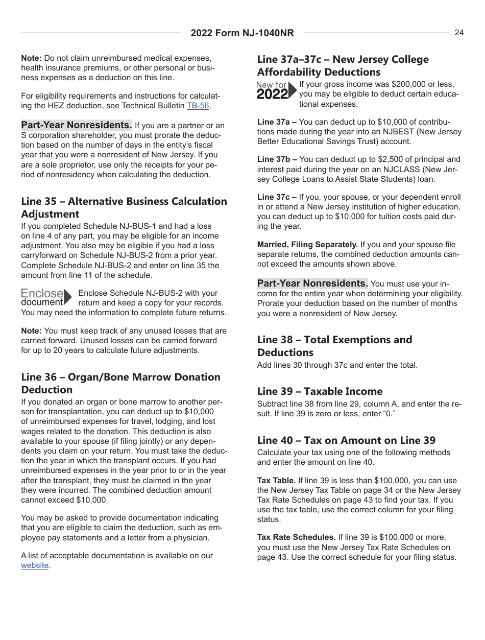 Instructions for Form NJ-1040NR New Jersey Nonresident Income Tax Return - New Jersey, Page 24