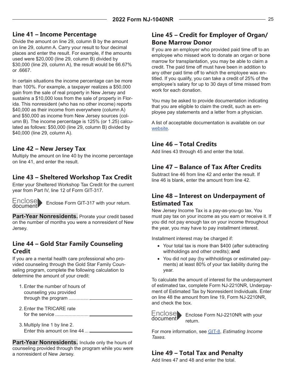 Instructions for Form NJ-1040NR New Jersey Nonresident Income Tax Return - New Jersey, Page 25