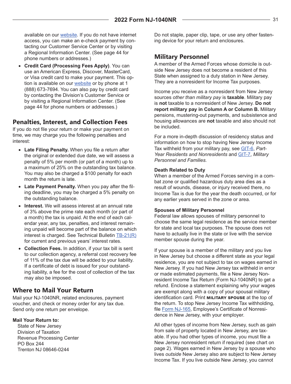 Instructions for Form NJ-1040NR New Jersey Nonresident Income Tax Return - New Jersey, Page 31