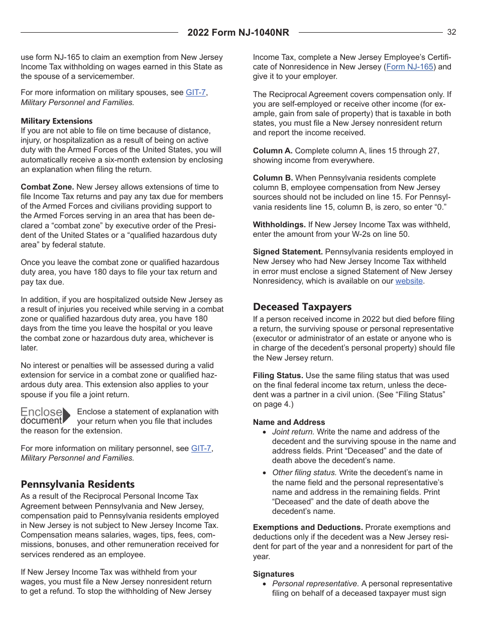 Instructions for Form NJ-1040NR New Jersey Nonresident Income Tax Return - New Jersey, Page 32