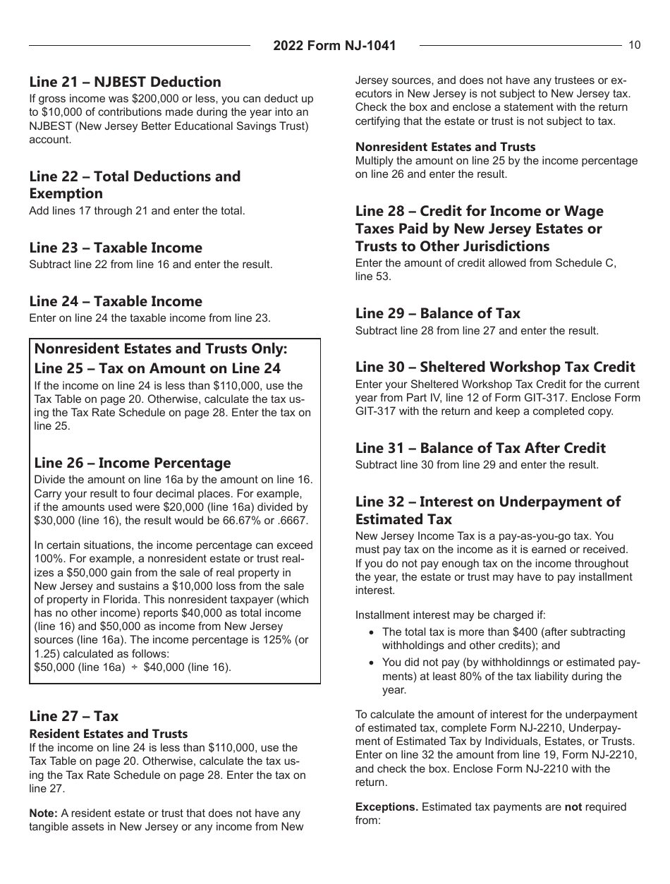 Instructions for Form NJ-1041 New Jersey Income Tax Fiduciary Return - New Jersey, Page 10